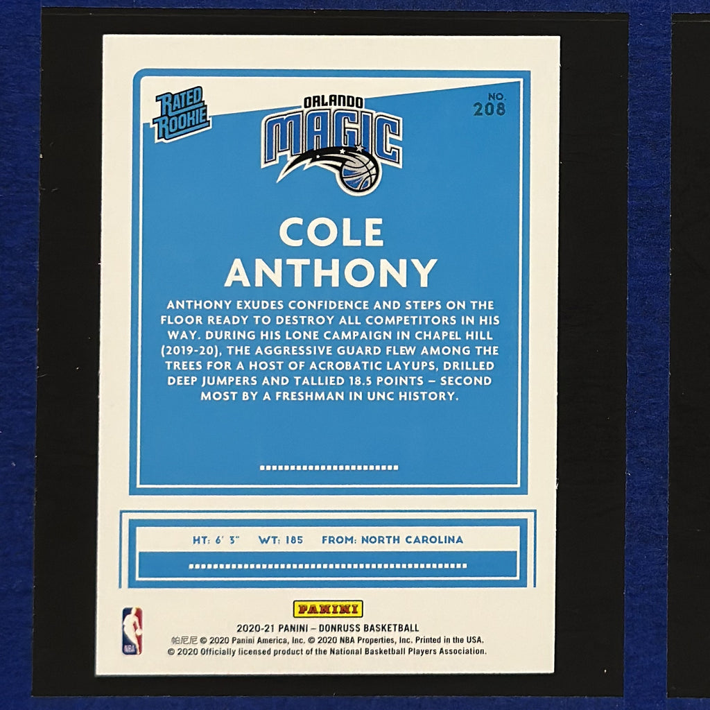 2020-21 Panini Donruss Rated Rookie Green & Yellow Laser Cole Anthony RC #208 — back view