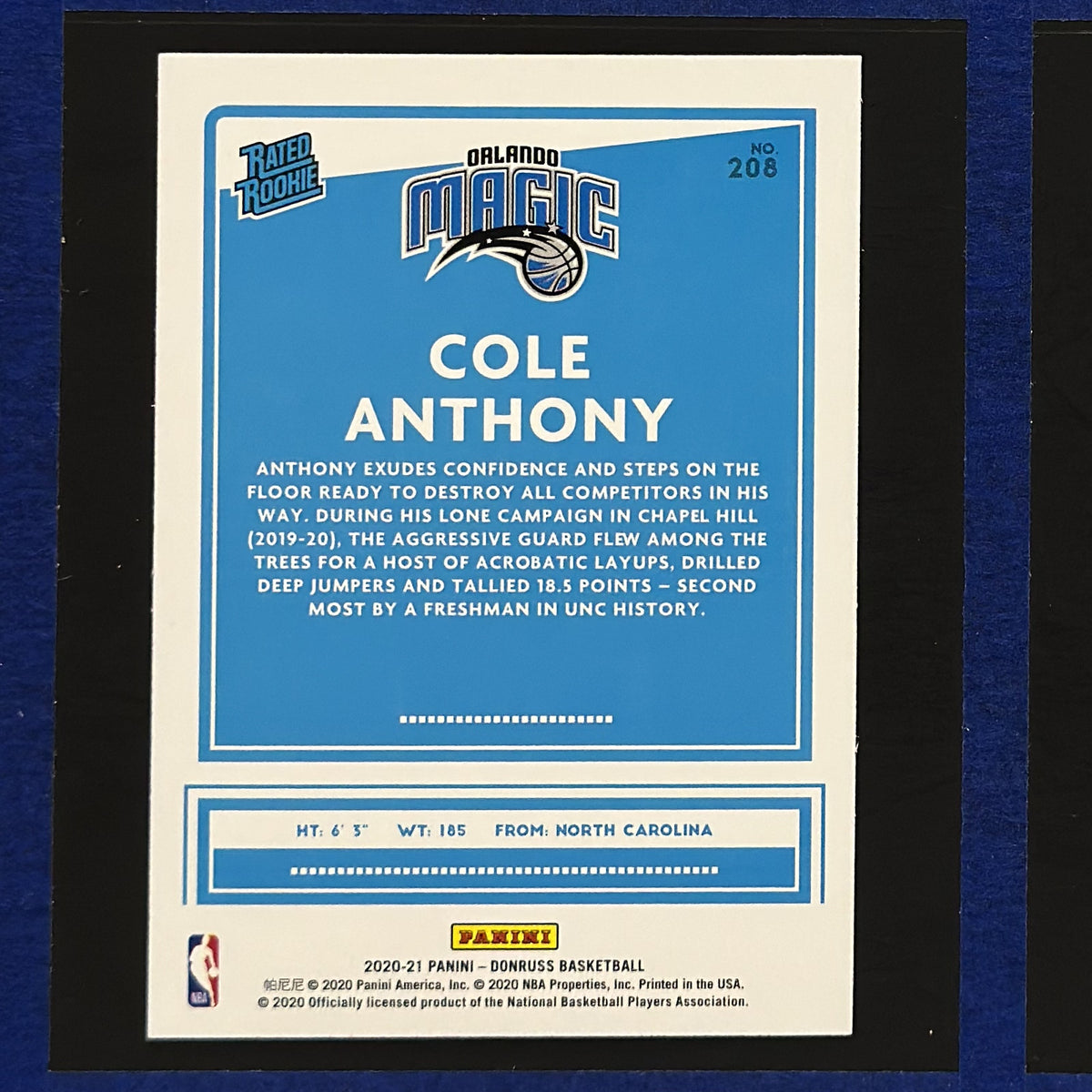 2020-21 Panini Donruss Rated Rookie Green & Yellow Laser Cole Anthony RC #208 — back view