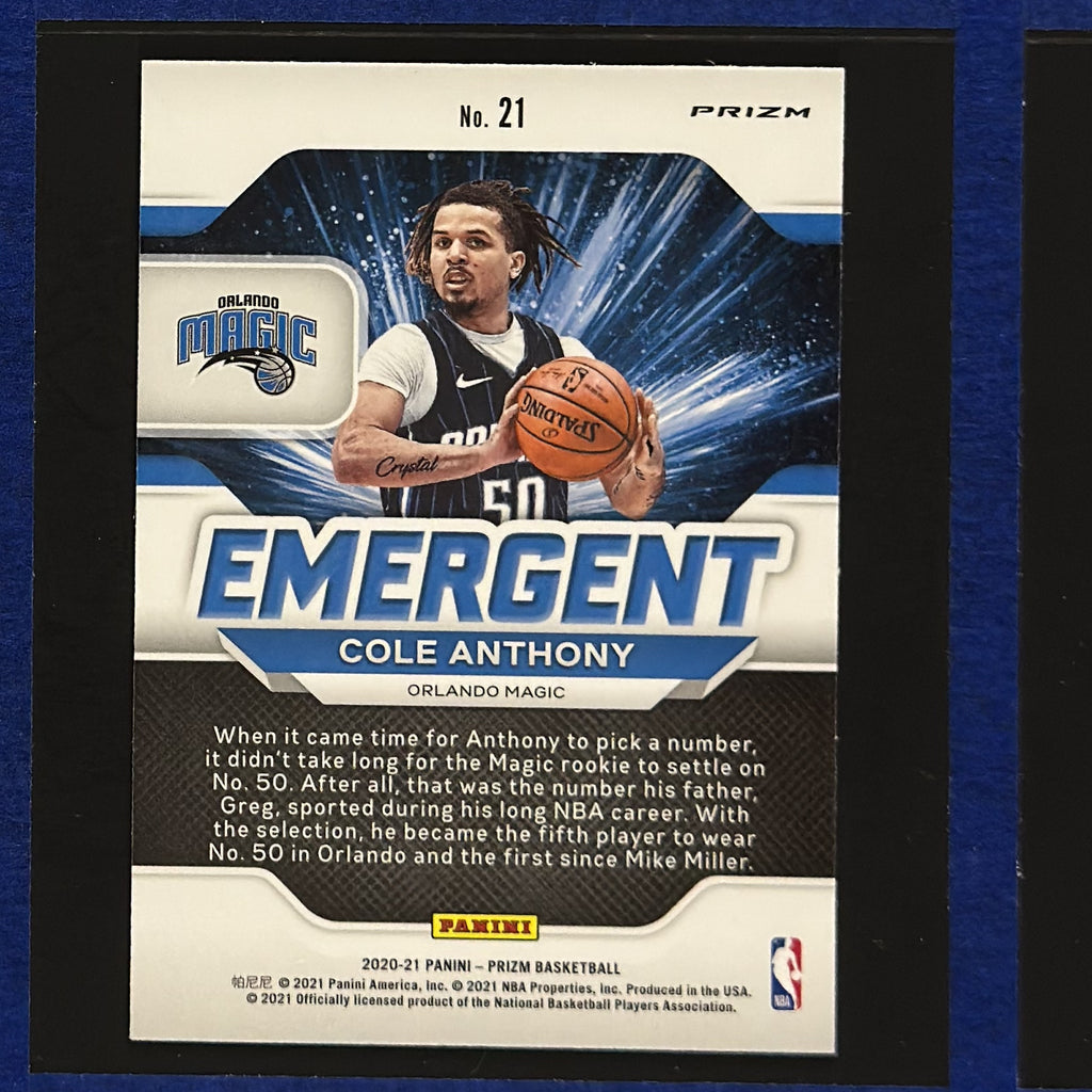 2020-21 Panini Prizm Emergent Green Prizm Cole Anthony RC #21 — back view