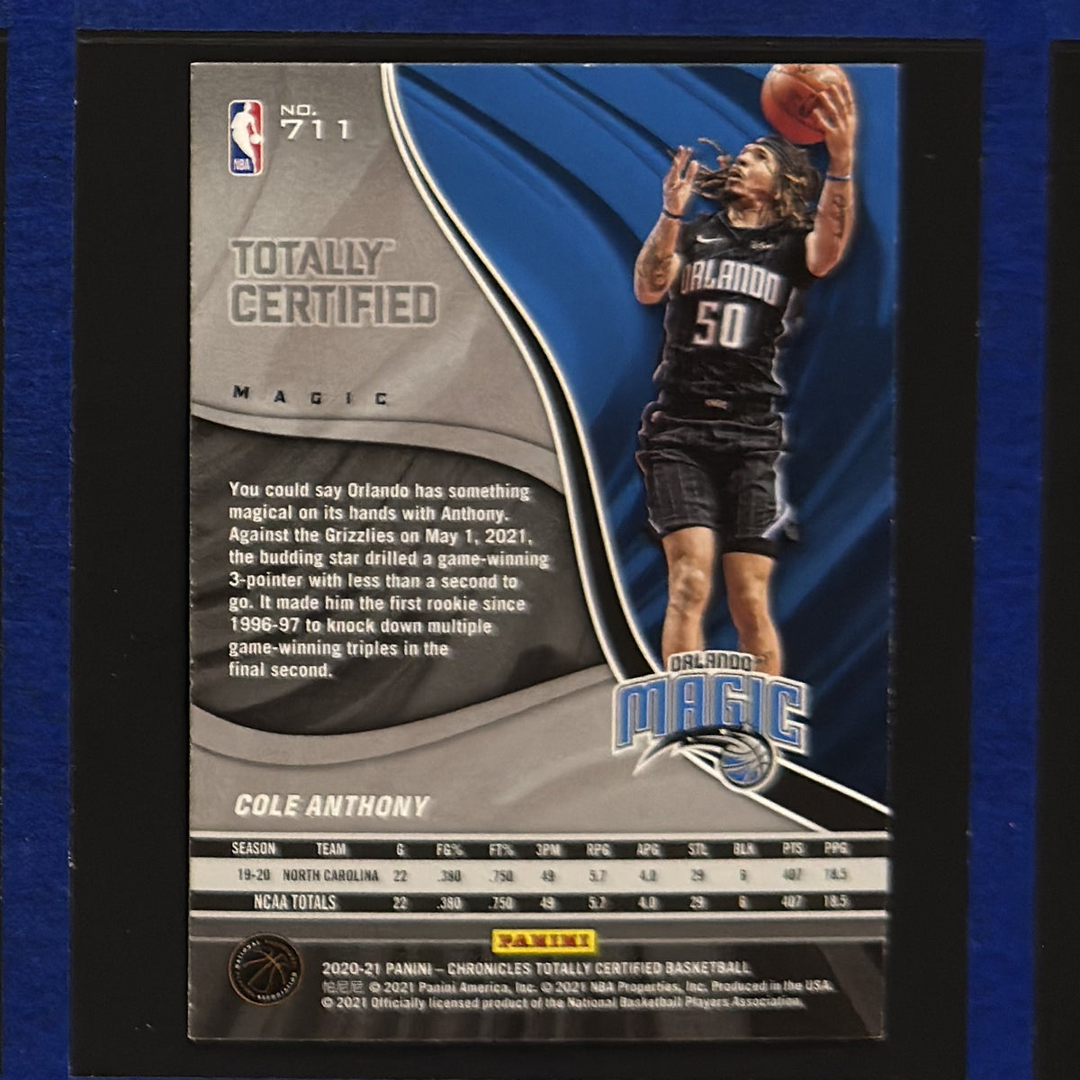 2020-21 Panini Chronicles Totally Certified Cole Anthony RC #711 — back view