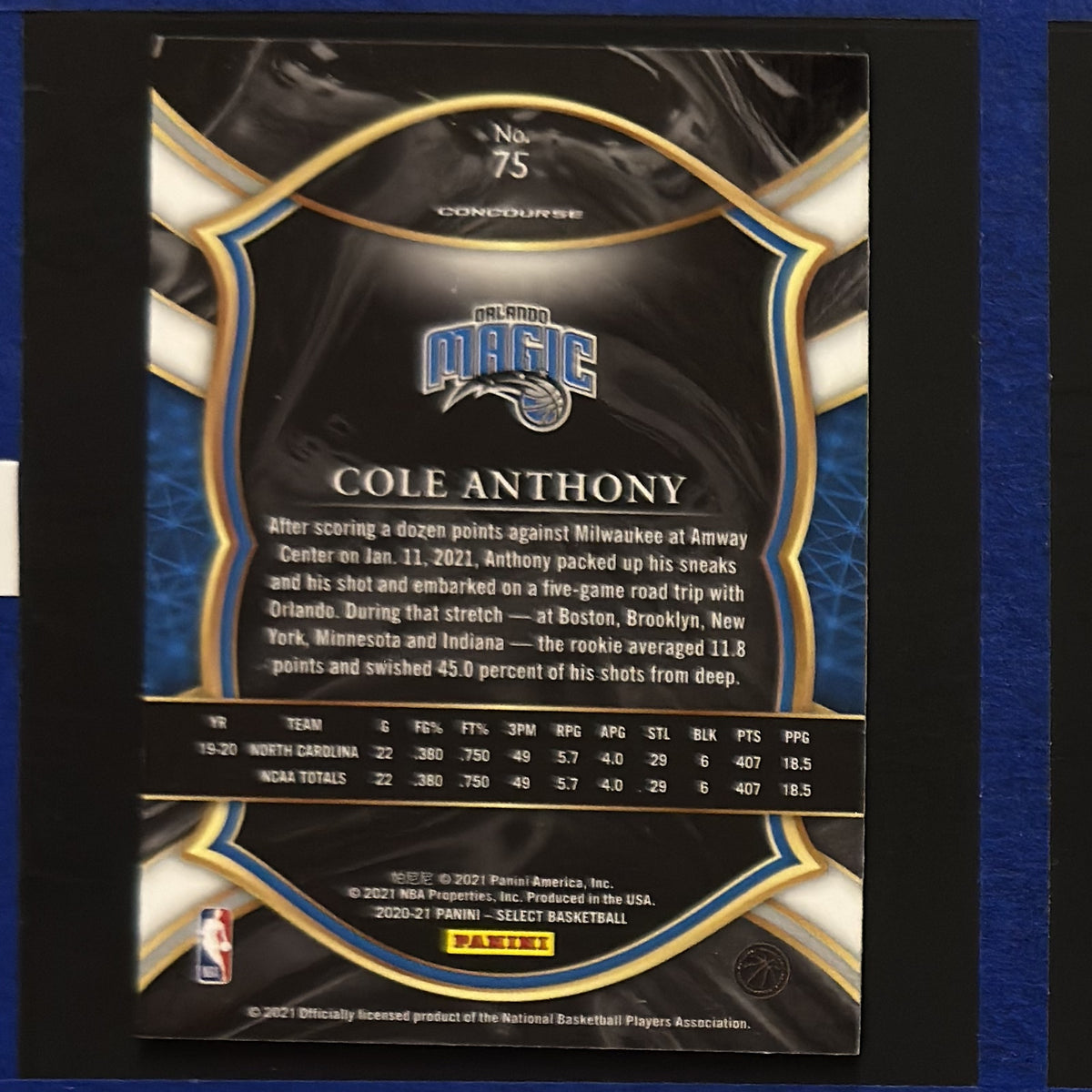 2020-21 Panini Select Concourse Cole Anthony RC #75 — back view