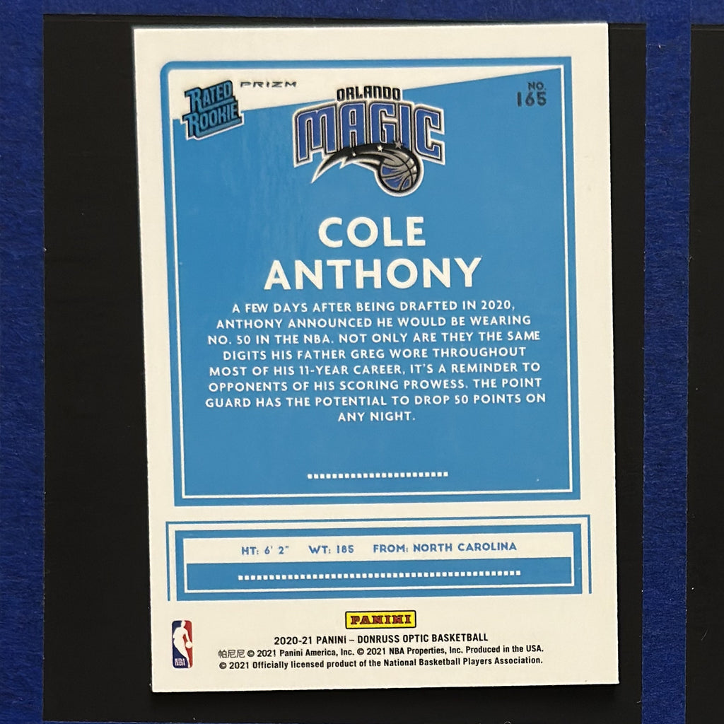 2020-21 Panini Donruss Optic Rated Rookie Purple Prizm Cole Anthony RC #165 — back view