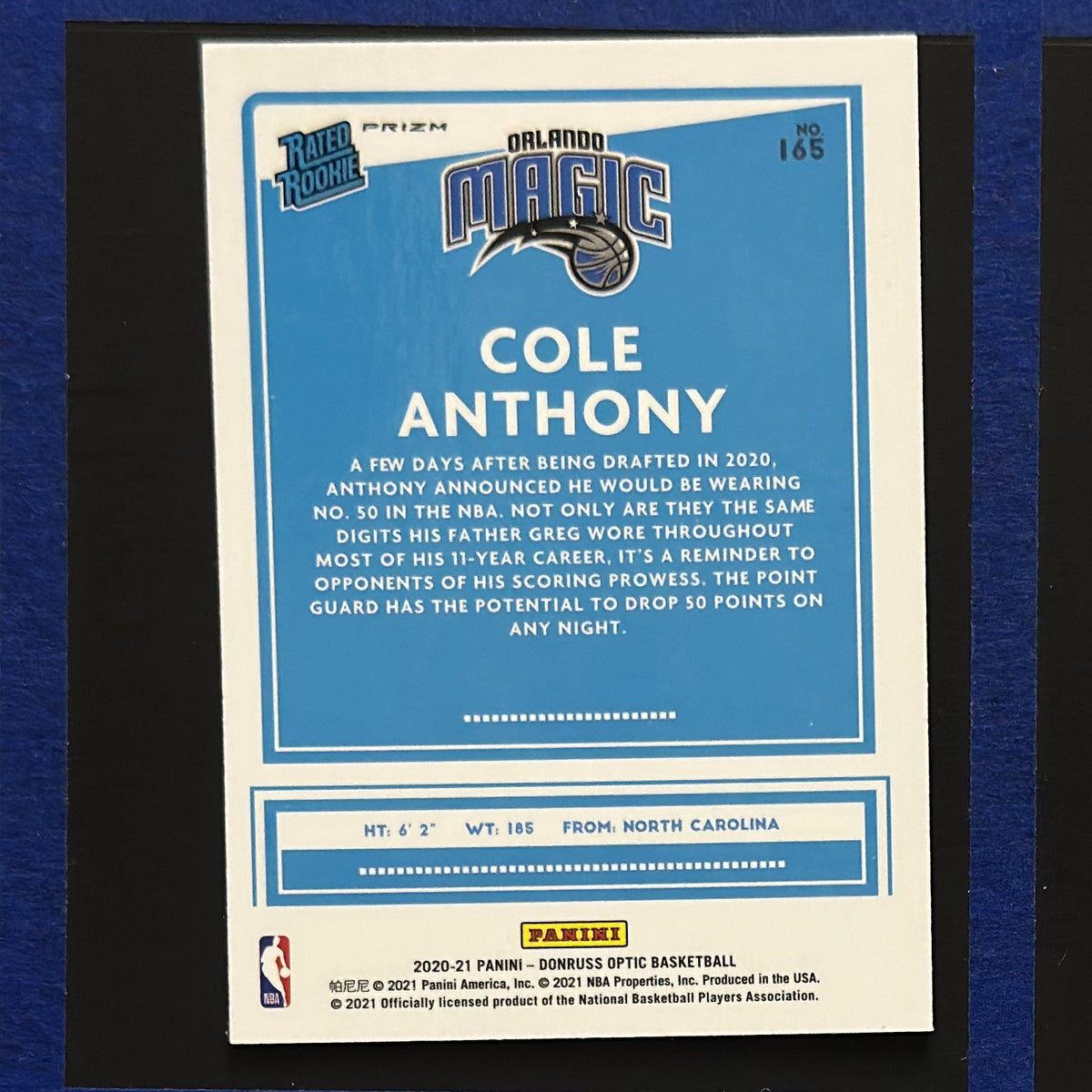 2020-21 Panini Donruss Optic Rated Rookie Purple Prizm Cole Anthony RC #165 — back view