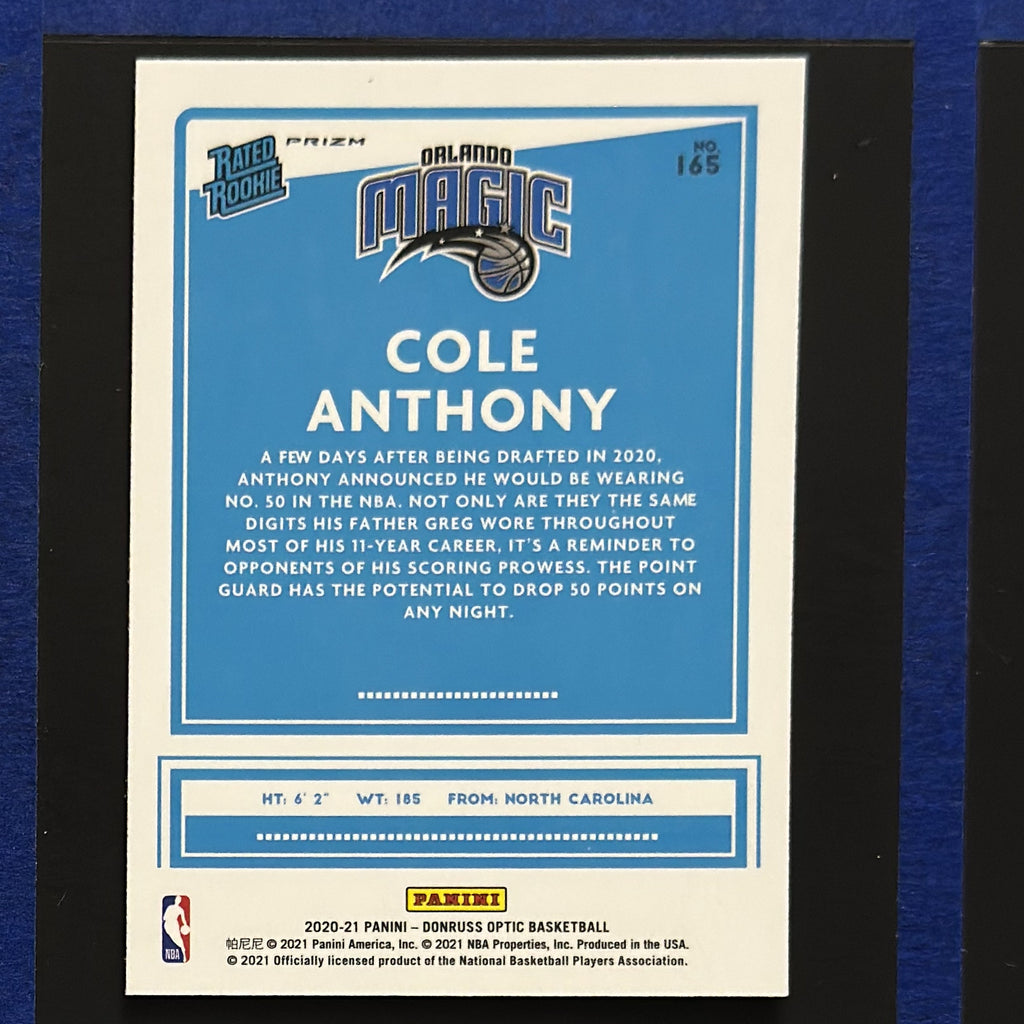 2020-21 Panini Donruss Optic Rated Rookie Target Box Set Silver Pulsar Prizm Cole Anthony RC #165 — back view