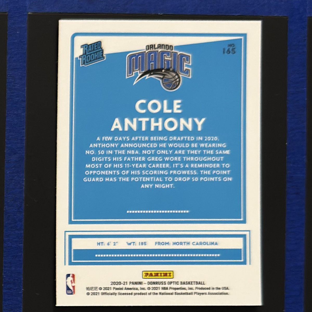 2020-21 Panini Donruss Optic Rated Rookie Cole Anthony RC #165 — back view