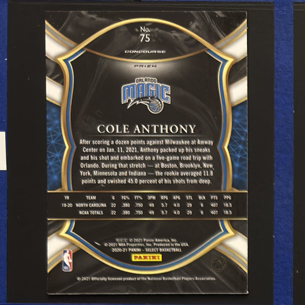 2020-21 Panini Select Concourse Blue Prizm Cole Anthony RC #75 — back view