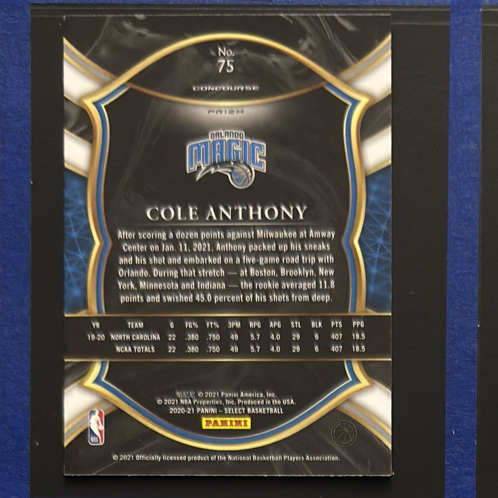 2020-21 Panini Select Concourse Blue White Purple Cracked Ice Prizm Cole Anthony RC #75 — back view