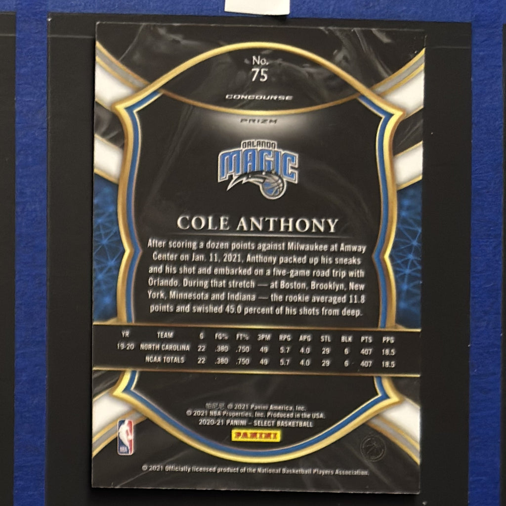 2020-21 Panini Select Concourse Green White Purple Prizm Cole Anthony RC #75 — back view