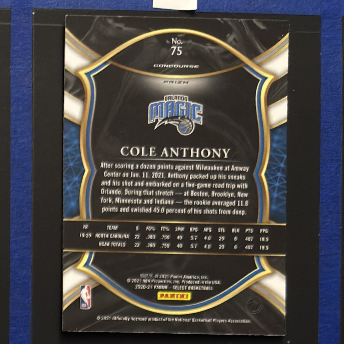 2020-21 Panini Select Concourse Green White Purple Prizm Cole Anthony RC #75 — back view