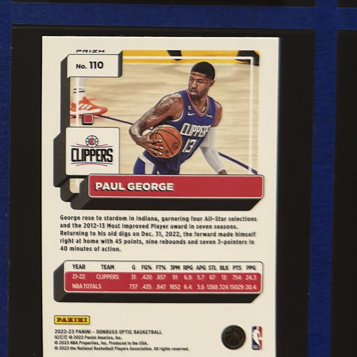 2022-23 Panini Donruss Optic Purple Paul George #110 — back view