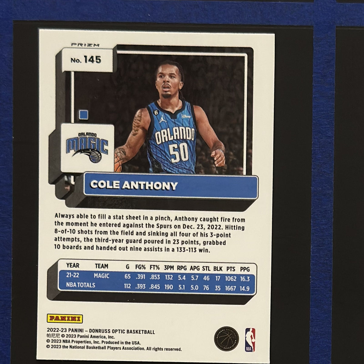 2022-23 Panini Donruss Optic Purple Shock Prizm Cole Anthony #145 — back view