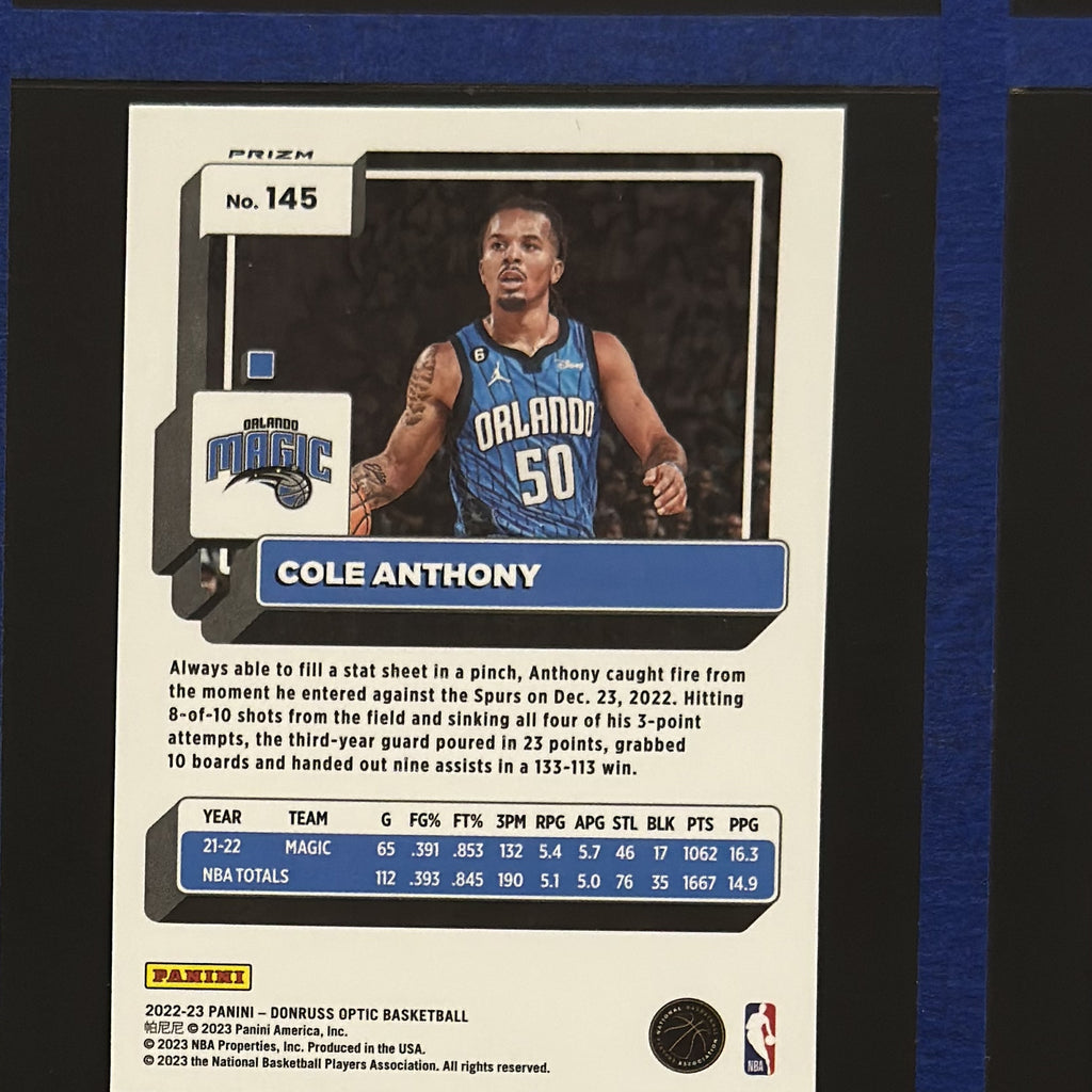 2022-23 Panini Donruss Optic Holo Cole Anthony #145 — back view