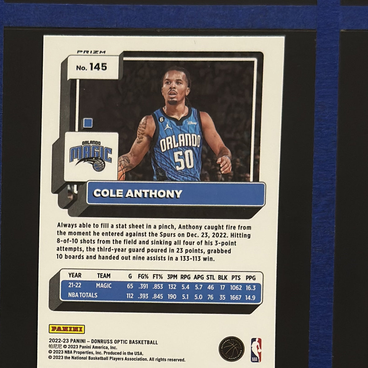 2022-23 Panini Donruss Optic Holo Cole Anthony #145 — back view