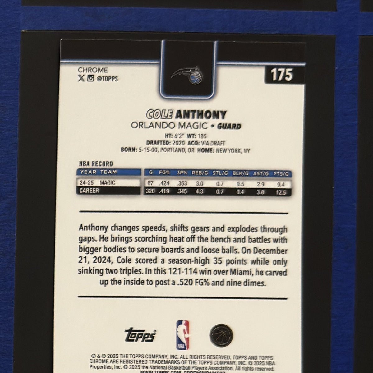 2025-26 Topps Chrome Cole Anthony #175 — back view