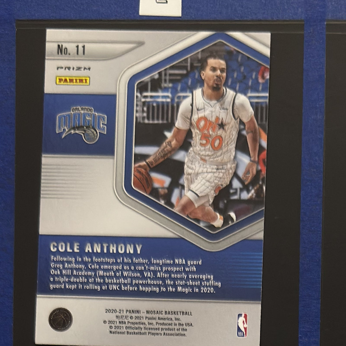 2020-21 Panini Mosaic Blue Chips Mosaic Prizm Cole Anthony RC #11 — back view