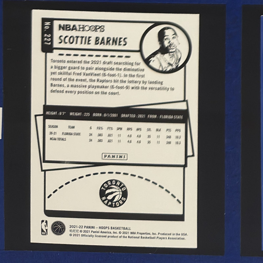 2021-22 Panini NBA Hoops Scottie Barnes RC #227 — back view