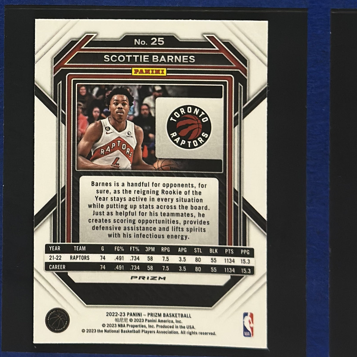 2022-23 Panini Prizm Pink Ice Prizm Scottie Barnes #25 — back view
