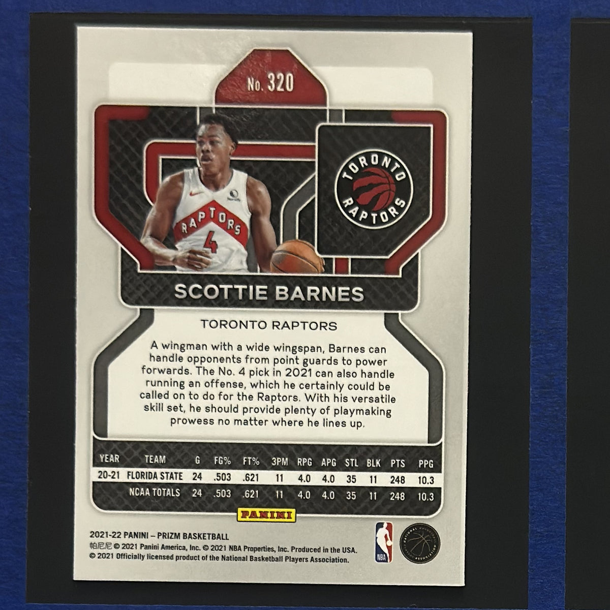 2021-22 Panini Prizm Scottie Barnes RC #320 — back view