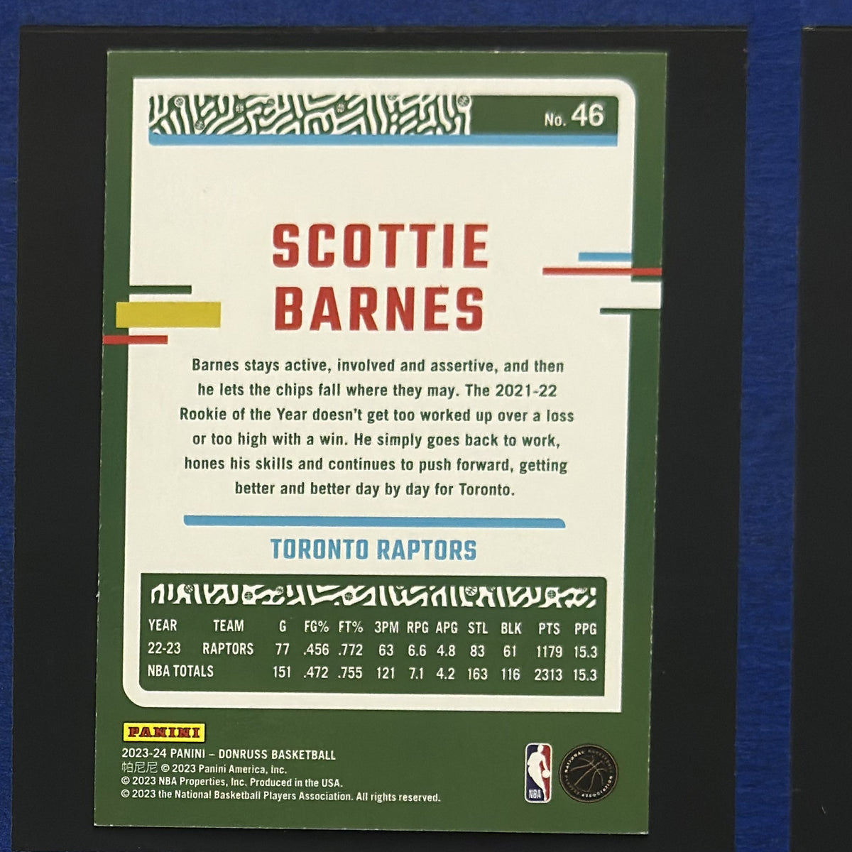 2023-24 Panini Donruss Green Laser Scottie Barnes #46 — back view