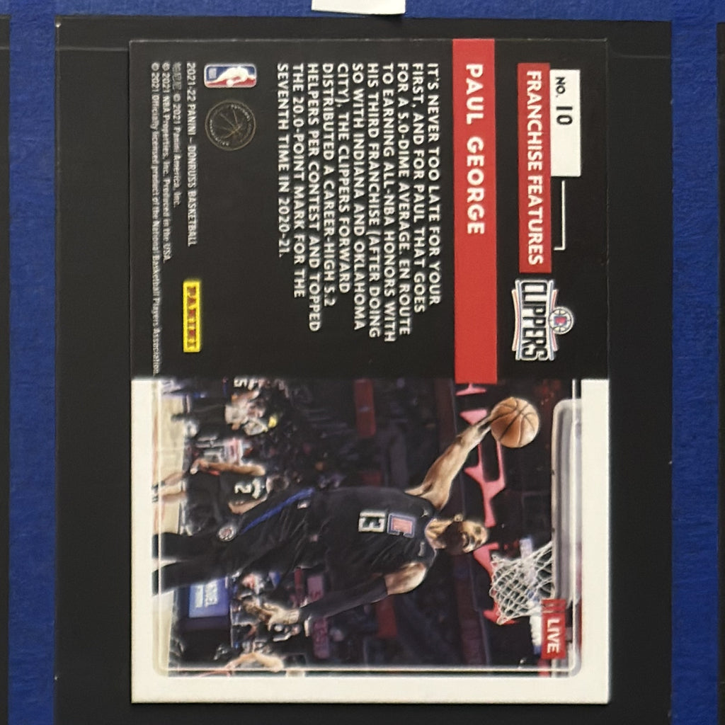 2021-22 Panini Donruss Franchise Features Teal Laser Paul George #10 — back view