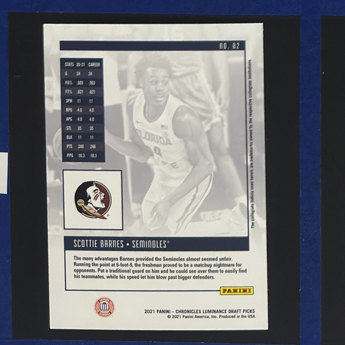 2021 Panini Chronicles Draft Picks Luminance Scottie Barnes RC #82 — back view