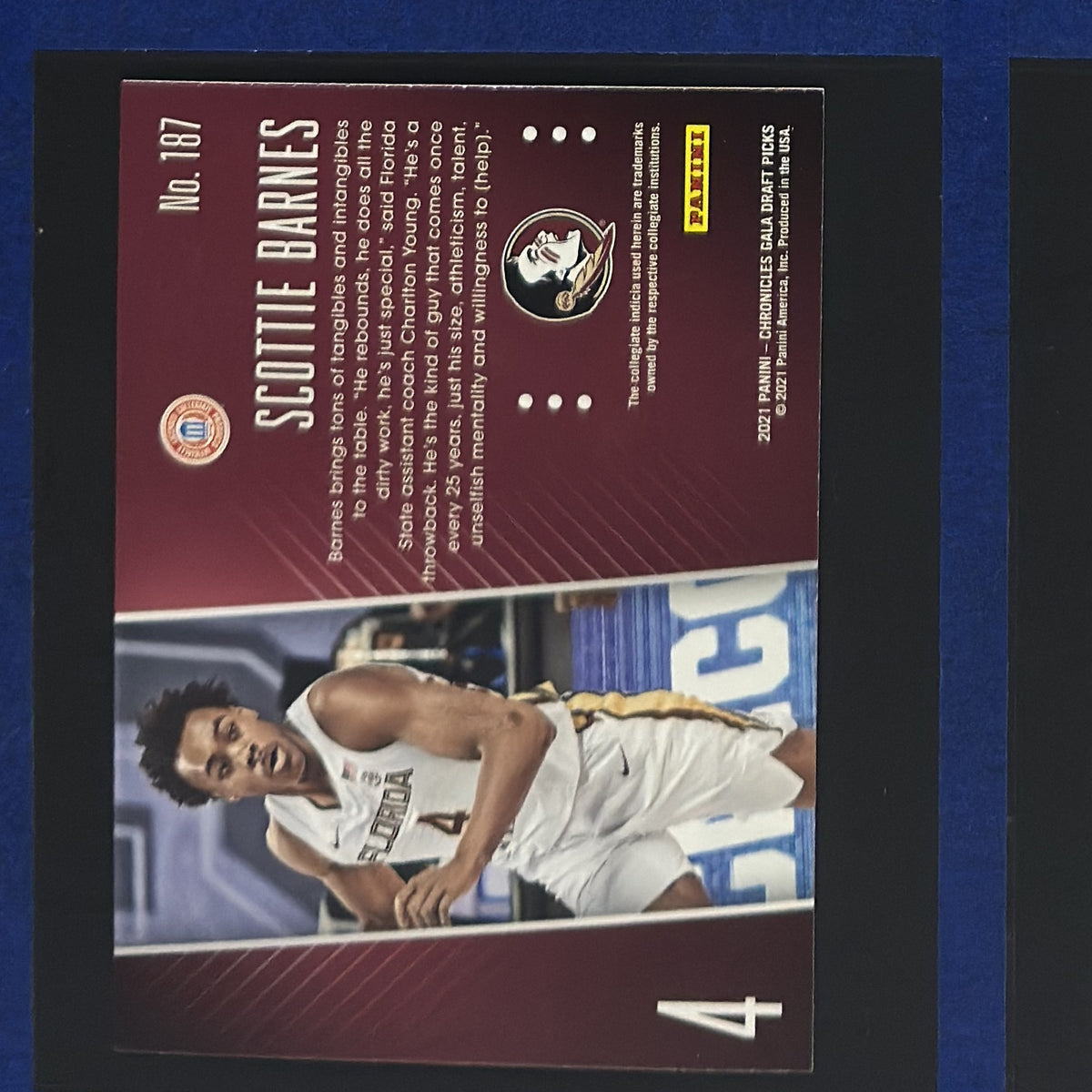 2021 Panini Chronicles Draft Picks Gala Scottie Barnes RC #187 — back view