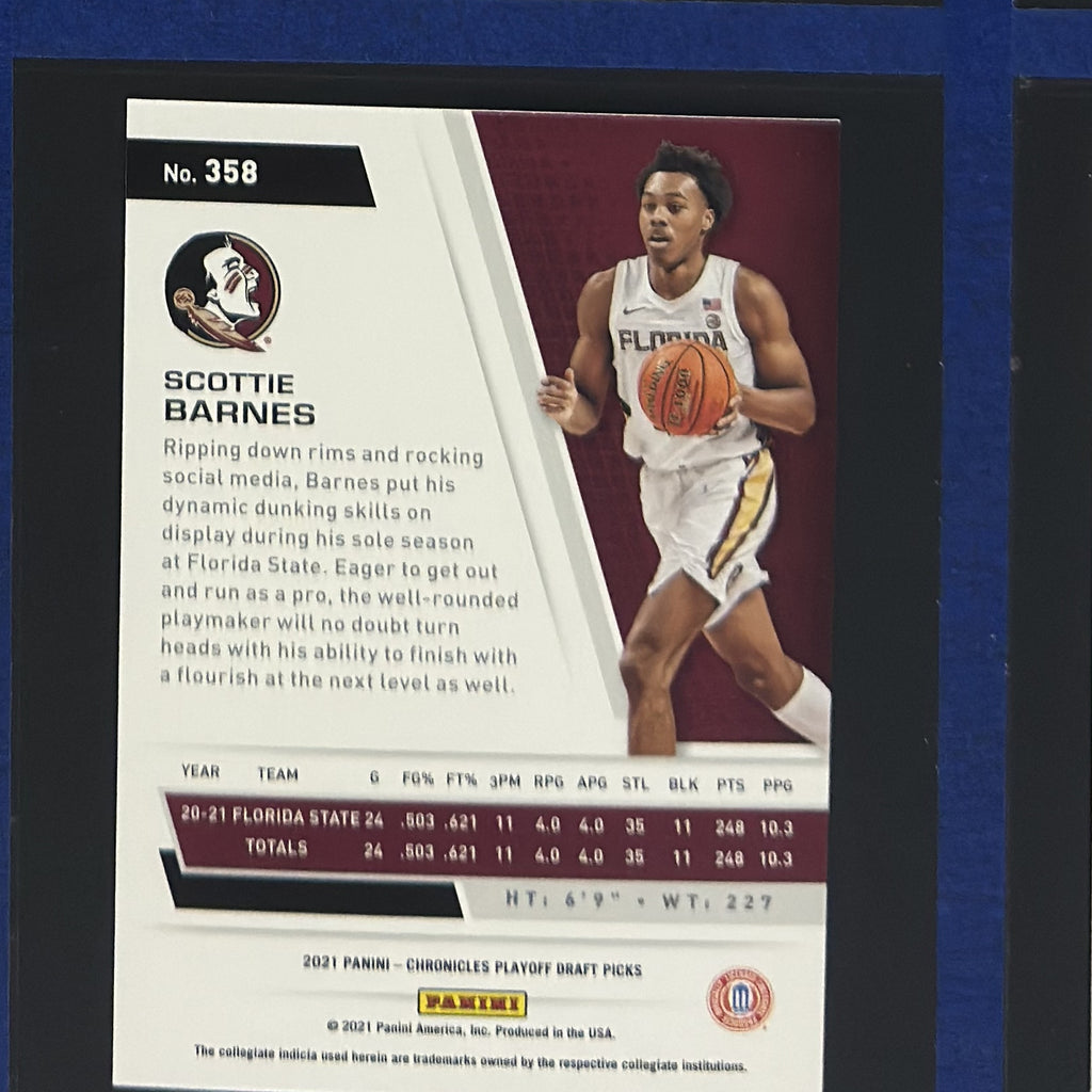 2021 Panini Chronicles Draft Picks Playoff Scottie Barnes RC #358 — back view