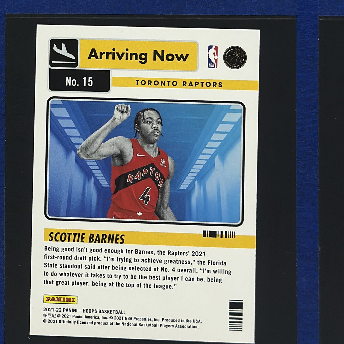 2021-22 Panini NBA Hoops Arriving Now Scottie Barnes RC #15 — back view