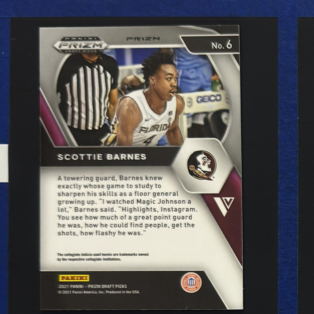2021 Panini Prizm Draft Picks Variation Red White Blue Scottie Barnes RC #6 — back view
