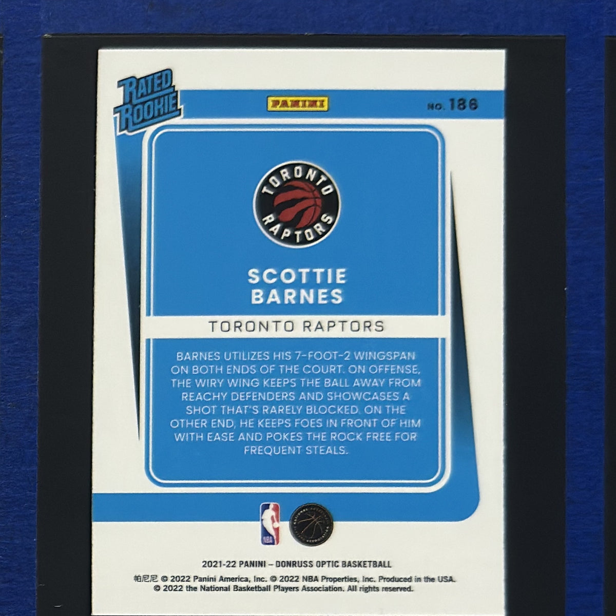 2021-22 Panini Donruss Optic Rated Rookie Scottie Barnes RC #186 — back view