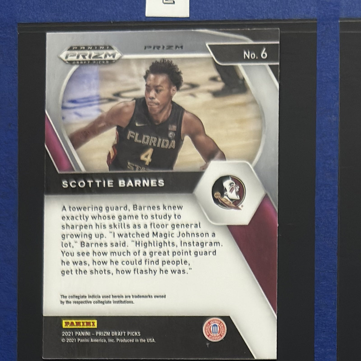 2021 Panini Prizm Draft Picks Orange Cracked Ice Scottie Barnes RC #6 — back view