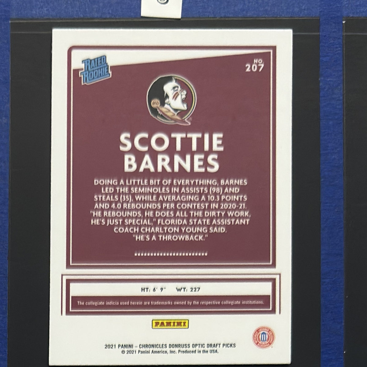 2021 Panini Chronicles Draft Picks Donruss Optic Rated Rookie Scottie Barnes RC #207 — back view