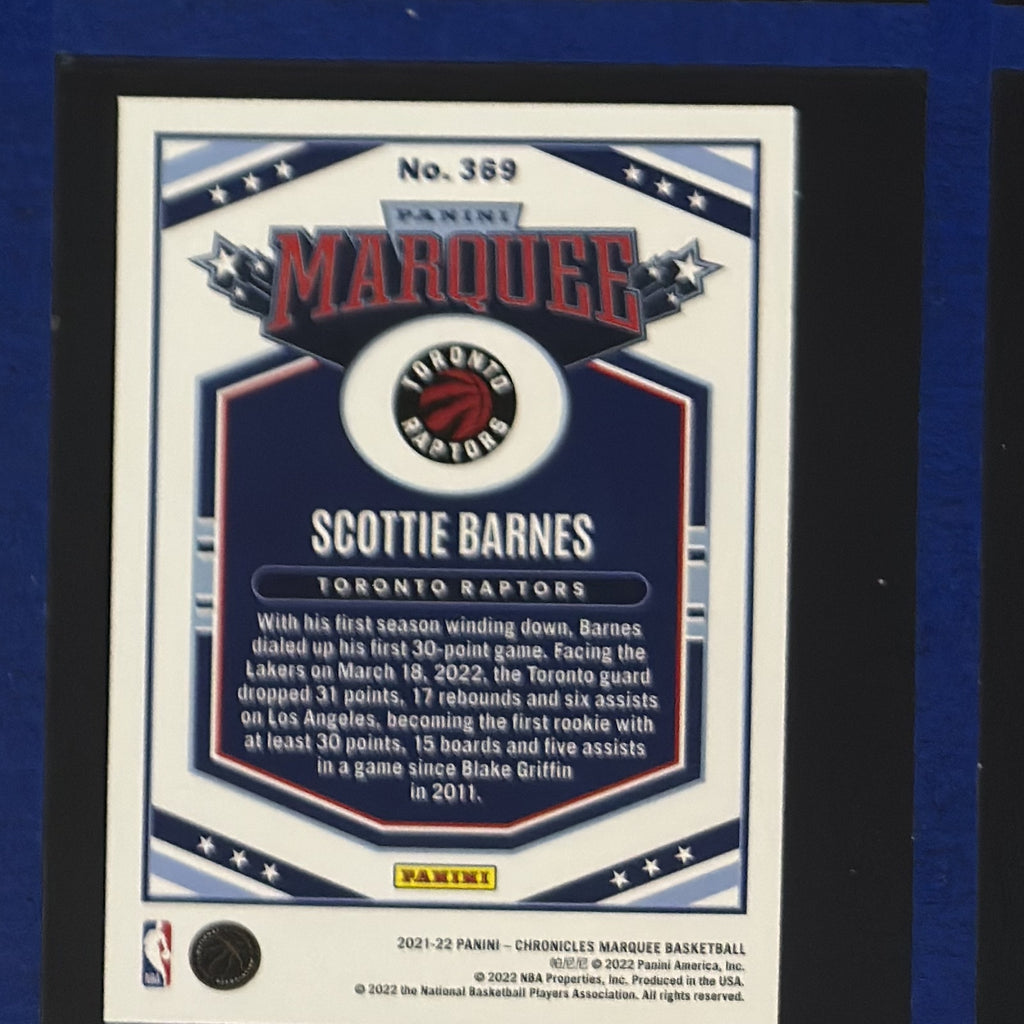 2021-22 Panini Chronicles Marquee Scottie Barnes RC #369 — back view