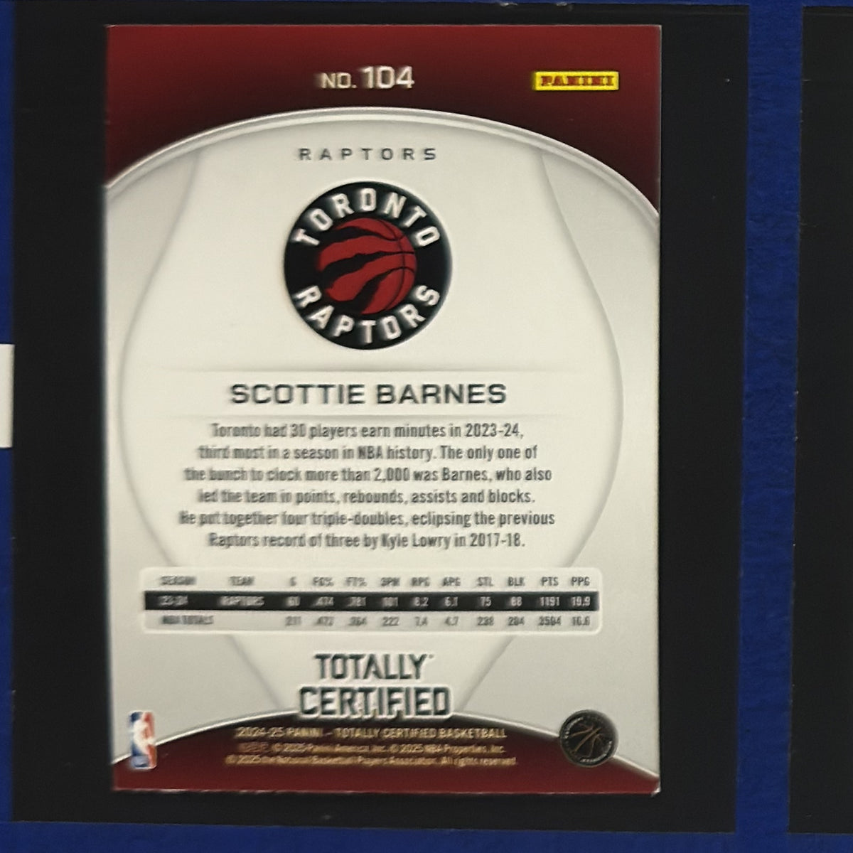 2024-25 Panini Totally Certified Bronze Scottie Barnes #104 — back view