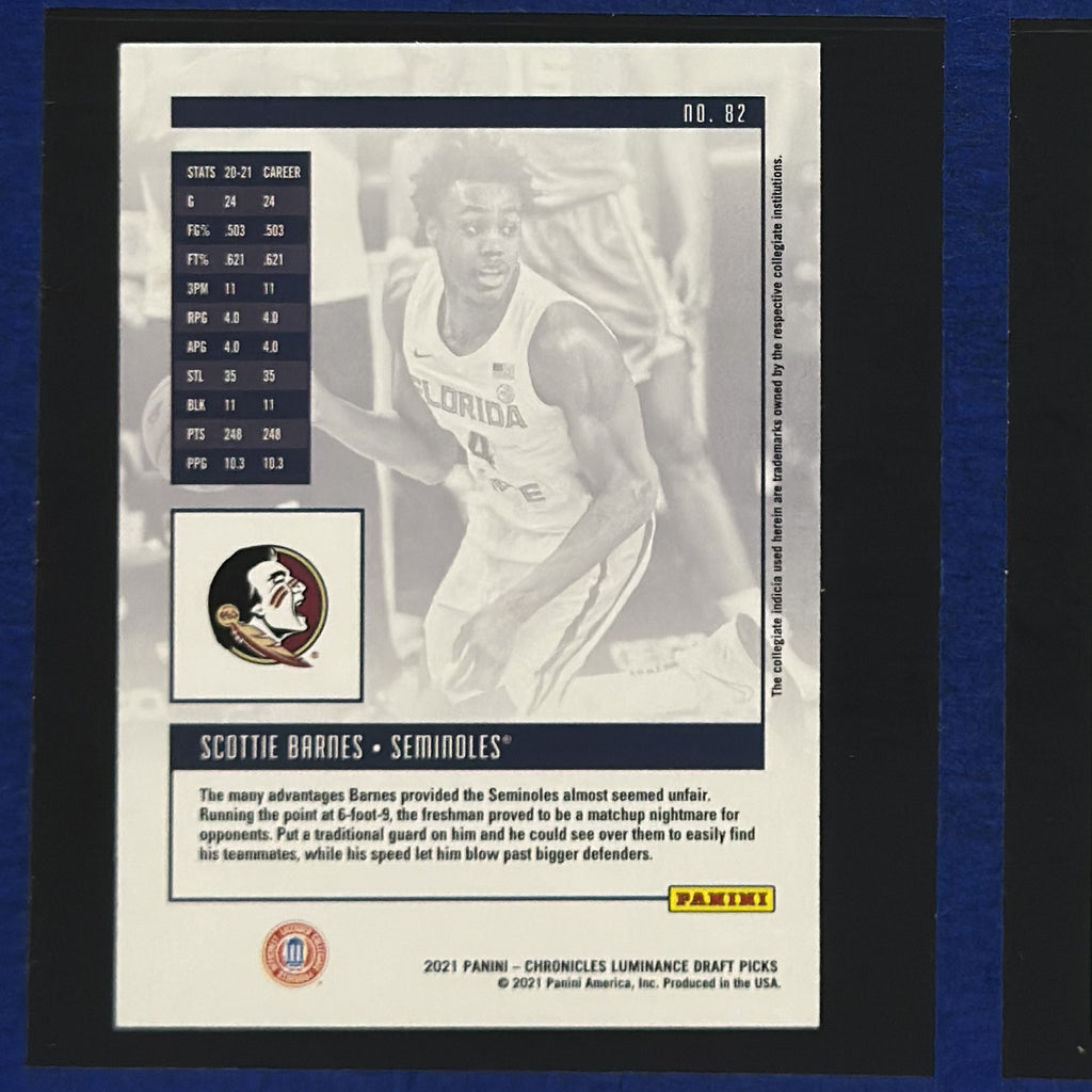 2021 Panini Chronicles Luminance Draft Picks Scottie Barnes RC #82 back