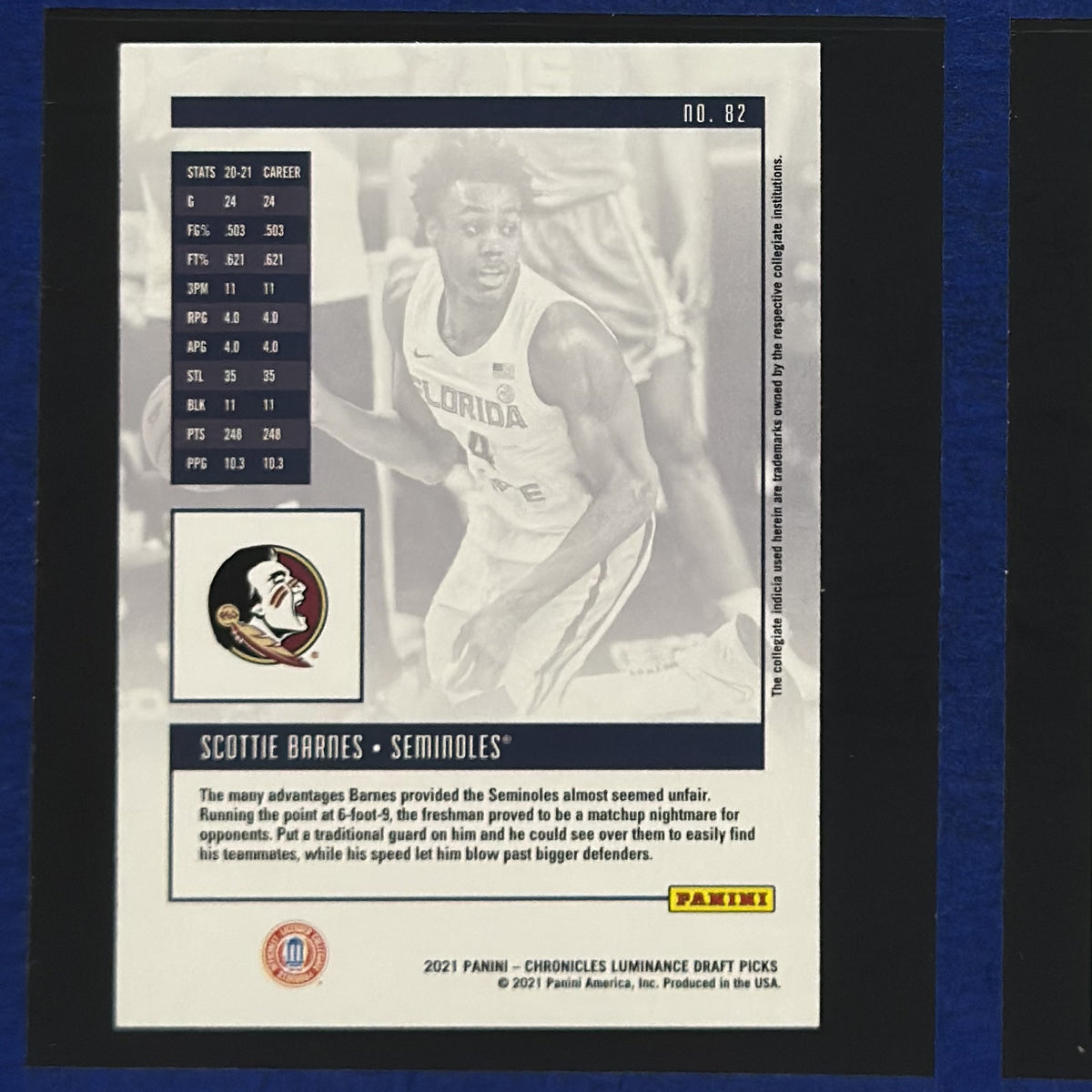 2021 Panini Chronicles Luminance Draft Picks Scottie Barnes RC #82 back