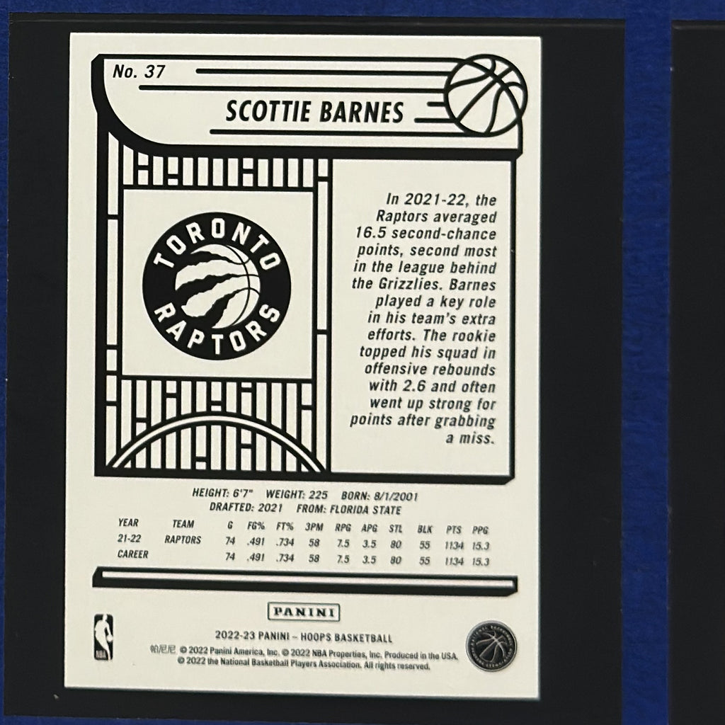 2022-23 Panini NBA Hoops Yellow Scottie Barnes #37 back