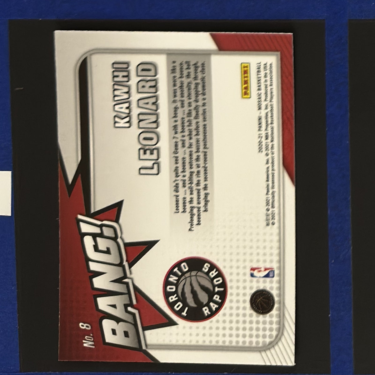 2020-21 Panini Mosaic Bang! Kawhi Leonard #8 — back view