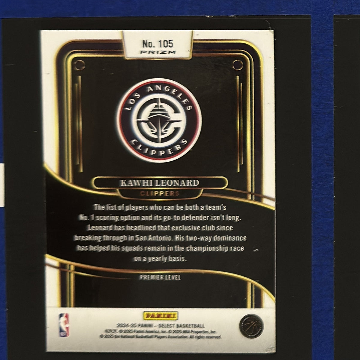 2024-25 Panini Select Silver Premier Level Kawhi Leonard #105 — back view