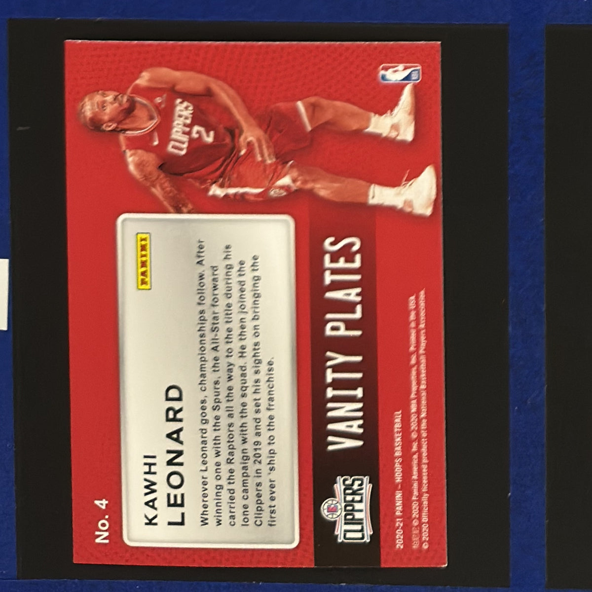 2020-21 Panini NBA Hoops Vanity Plates Kawhi Leonard #4 — back view