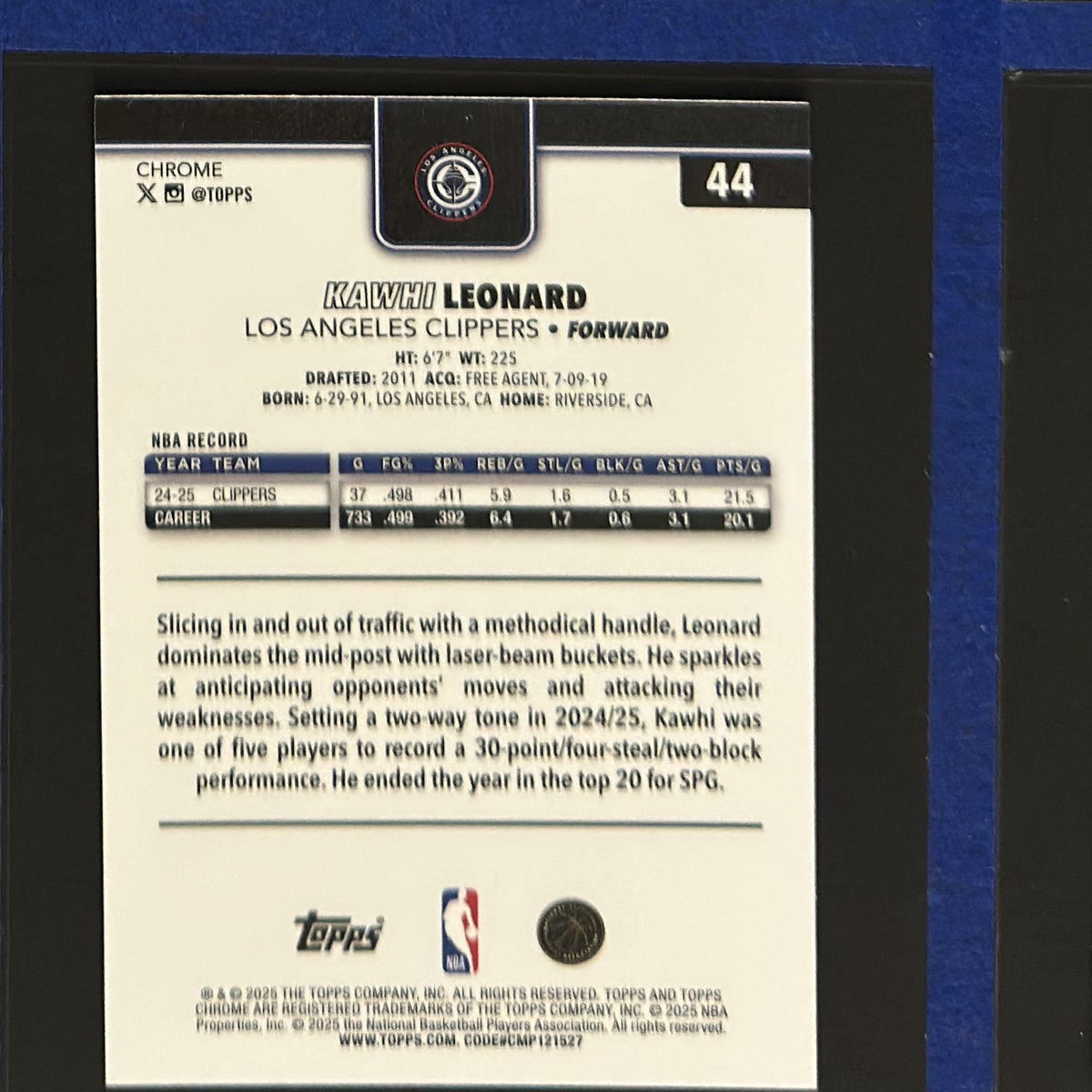 2025-26 Topps Chrome Red White Blue Kawhi Leonard #44 — back view