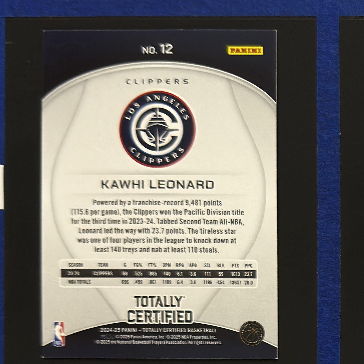 2023-24 Panini Totally Certified Kawhi Leonard #12 back
