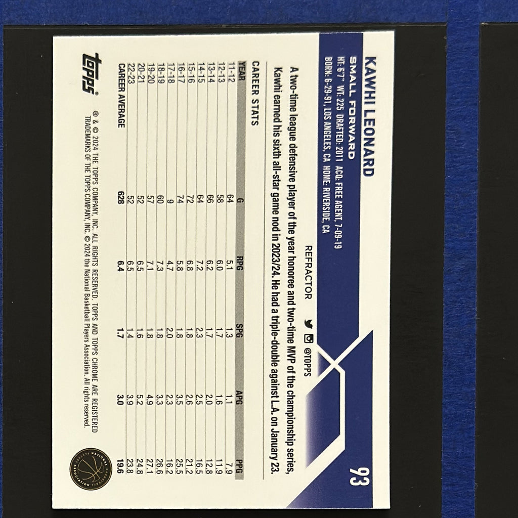 2023-24 Topps Chrome Refractor Kawhi Leonard #93 — back view