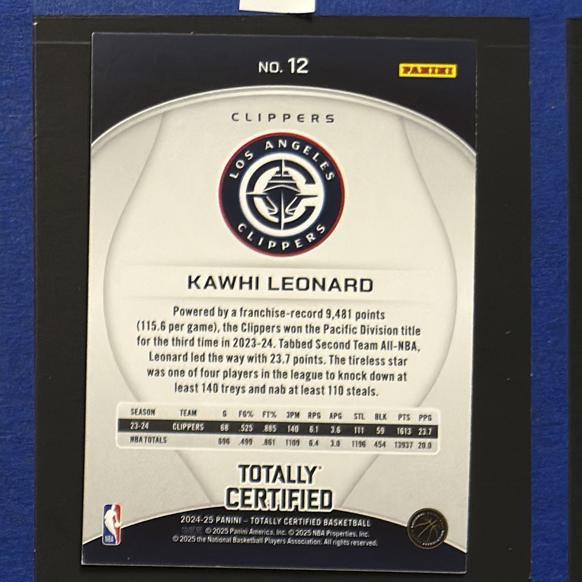 2024-25 Panini Totally Certified Mirror Kawhi Leonard #12 — back view