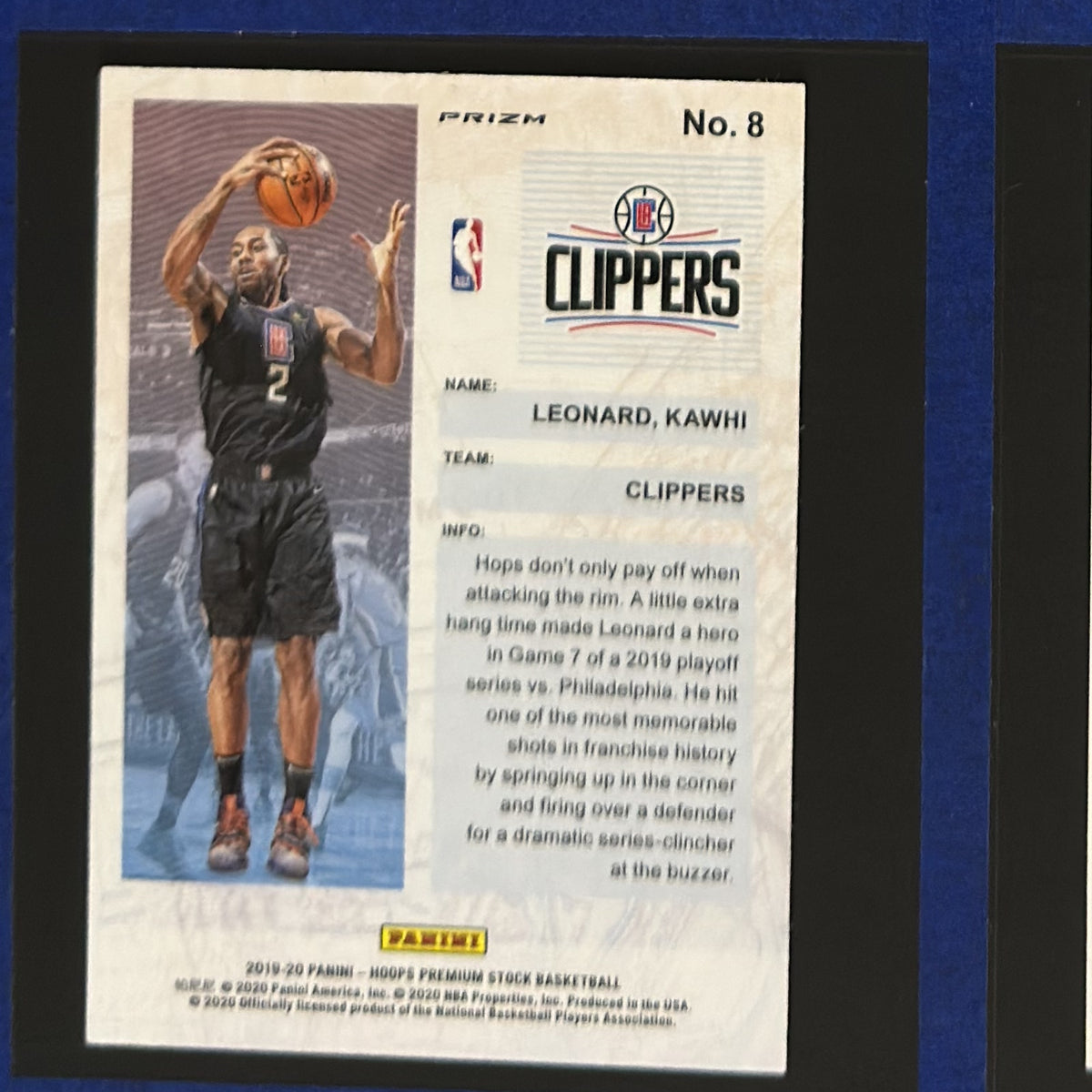 2019-20 Panini NBA Hoops Premium Stock Frequent Flyers Silver Kawhi Leonard #8 — back view
