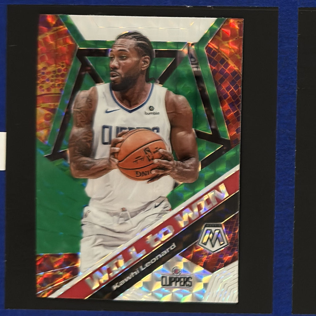 2019-20 Panini Mosaic Green Prizm Will To Win Kawhi Leonard #4 — front view