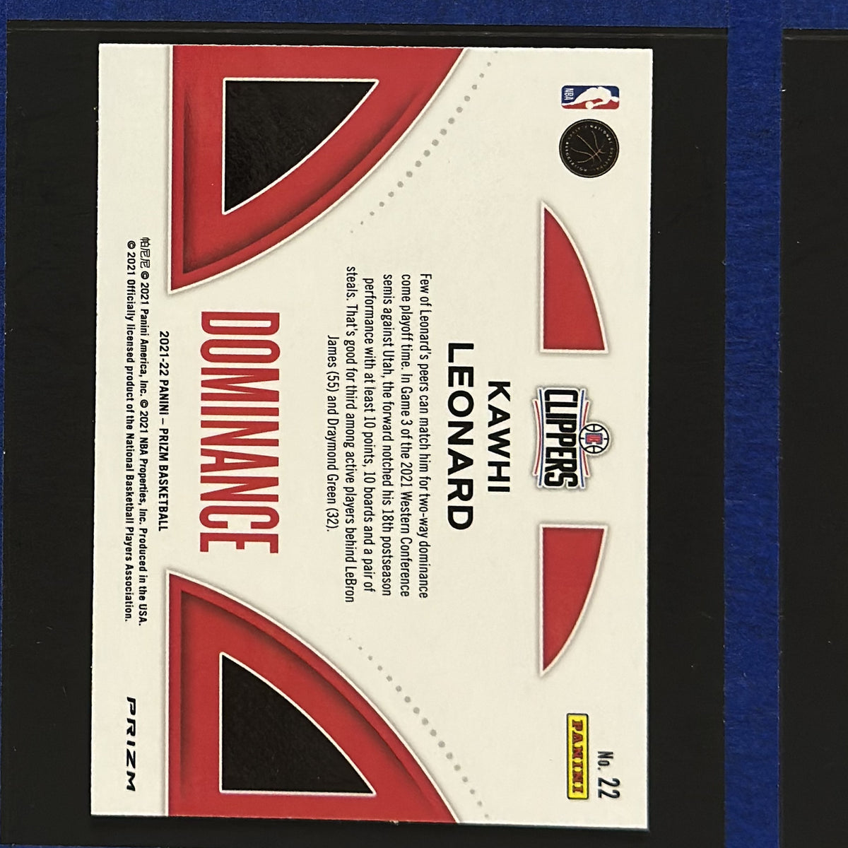 2021-22 Panini Prizm Dominance Silver Kawhi Leonard #22 — back view