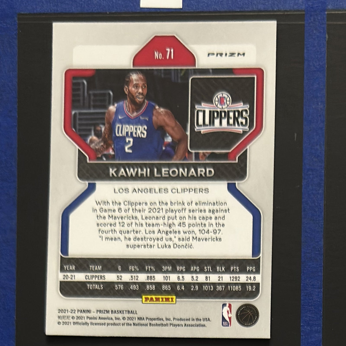 2021-22 Panini Prizm Green Kawhi Leonard #71 — back view