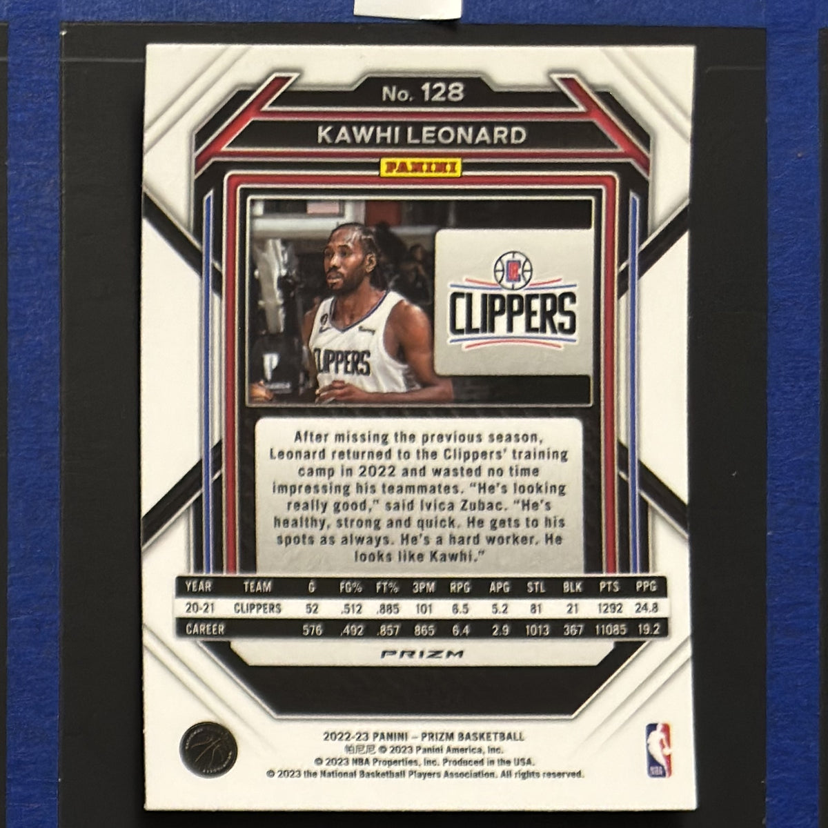 2022-23 Panini Prizm Silver Kawhi Leonard #128 — back view