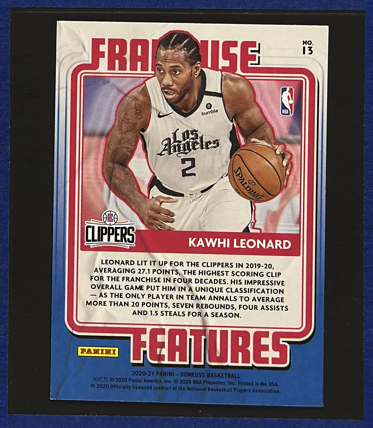 2020-21 Panini Donruss Franchise Features Kawhi Leonard #13 back